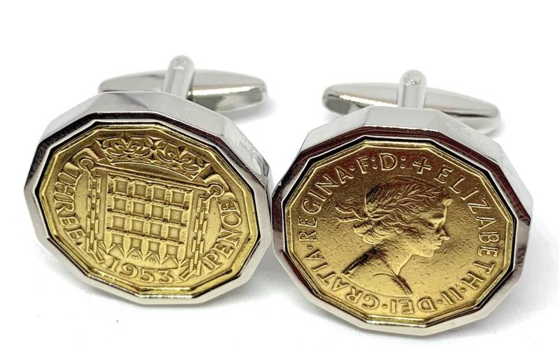 1953 Dreipence Münze Manschettenknöpfe 72.geburtstag Geschenk Versilberte Fassungen von OldCoinCufflinks