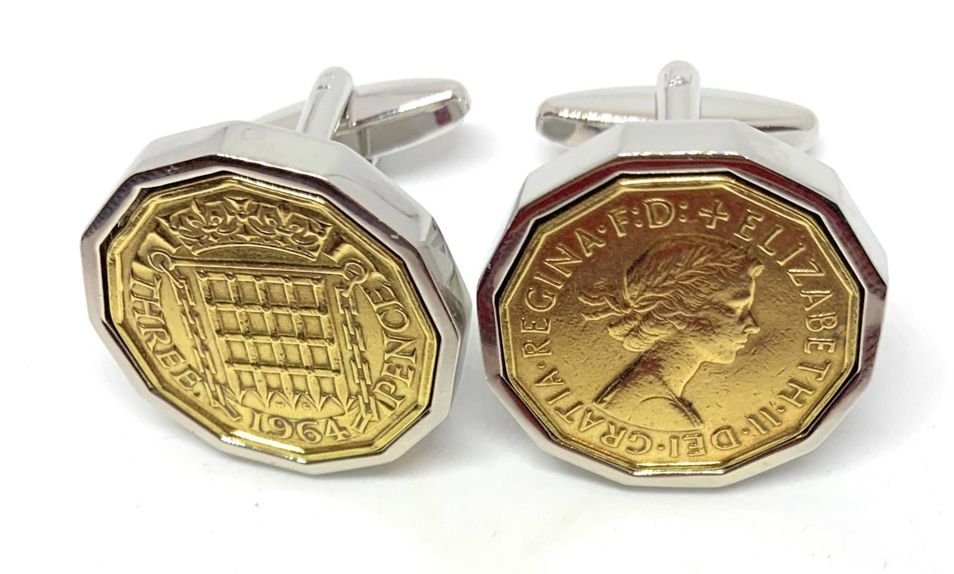 1964 Dreipence Münze Manschettenknöpfe 61.geburtstag Geschenk Versilberte Fassungen von OldCoinCufflinks