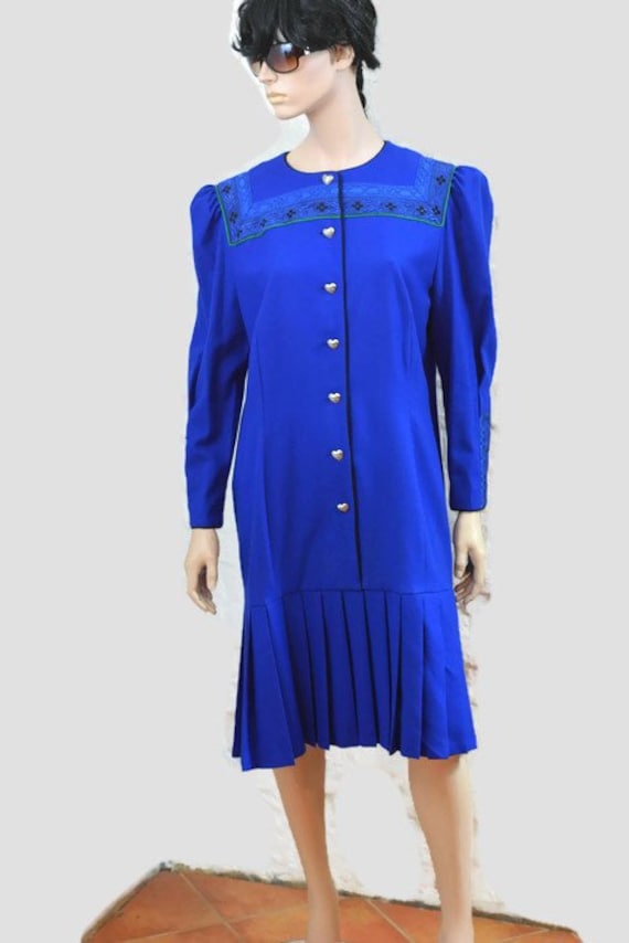 Dirndlkleid By Helene Strasser, Plisseekleid Aus Blauer Wolle Gr. L von OldGenuineThings