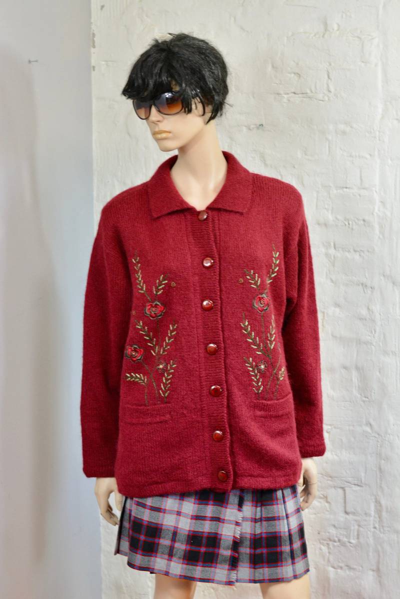 Mohair Strickjacke Jacke 80Er Jahre Gepolstert Unscharf Dunkelrot Oversize Frontknöpfe Frühlingsmode Plus Größe Handmade von OldGenuineThings