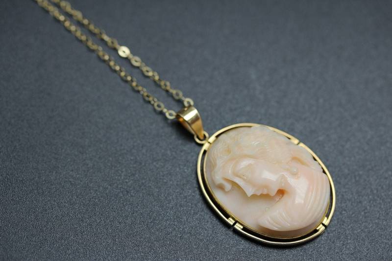 14K Gold Antike Natürliche Rosa Koralle Lady Portrait Cameo Anhänger Halskette -N0135 14K Gold Antike Natürliche Rosa Koralle Lady Portrait Cameo Anhänger Halskette -N0135 von OldMemoriesJewelry