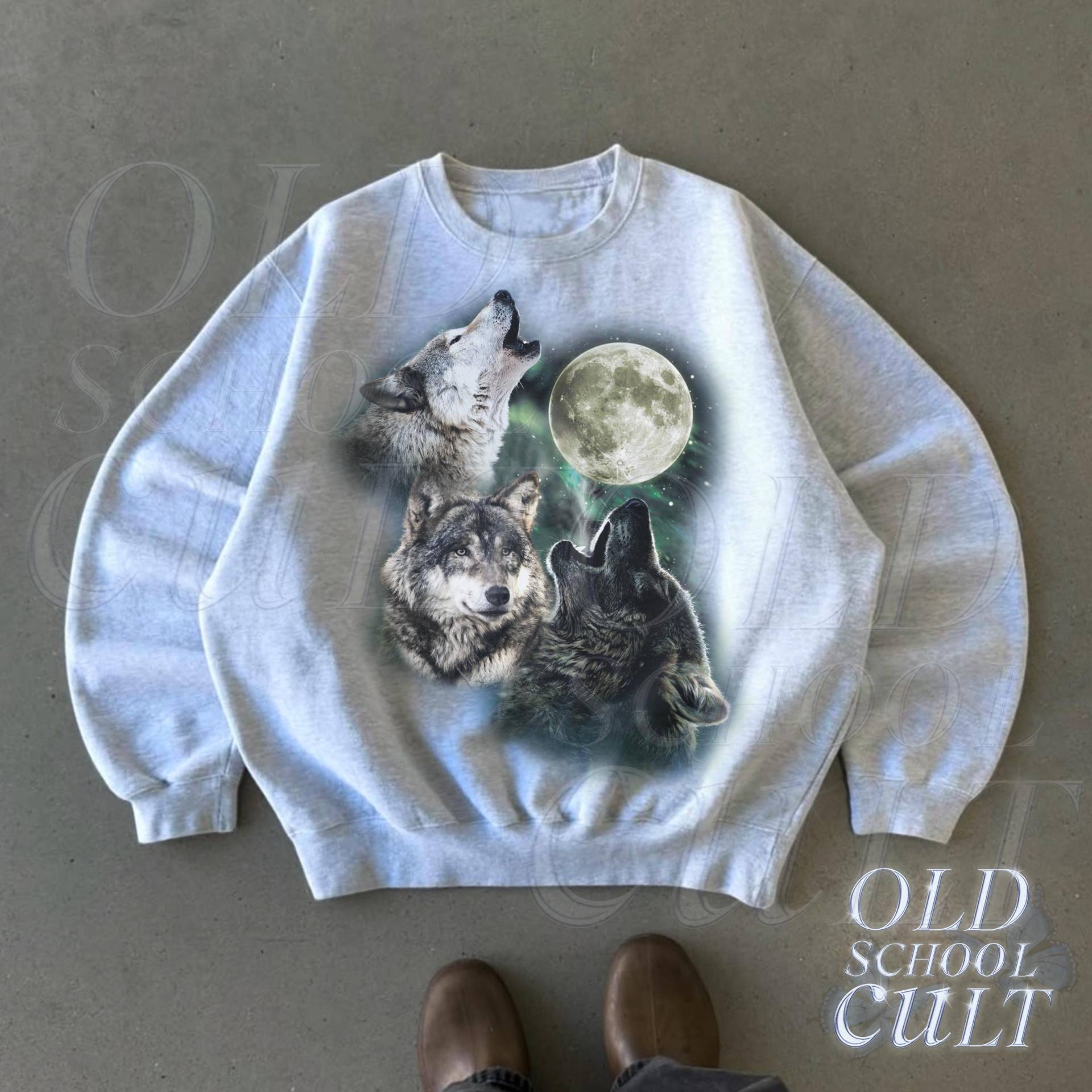 Drei Wölfe Mond Vintage 90Er Jahre Stil Sweatshirt, Retro Wolf Rundhals | Unisex Wildtiere Pullover, Classic Graphic Pullover von OldSchoolCulture