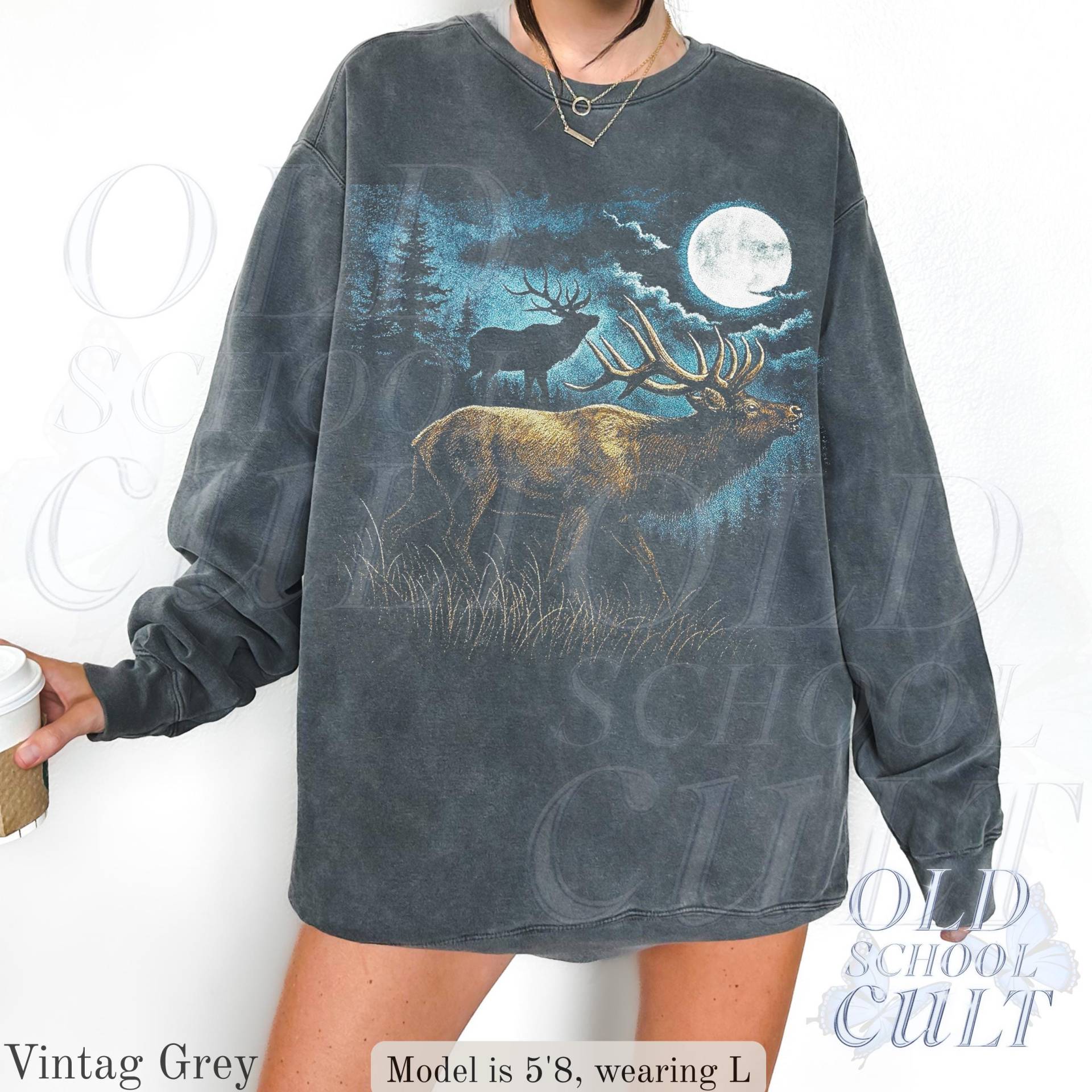 Elch Vintage 90Er Jahre Stil Sweatshirt, Retro Pullover, Süßer Mond Natur Hoodie Geschenke, Kuschelig Warmes Unisex Wandern von OldSchoolCulture