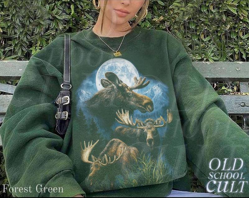 Moose Vintage Sweatshirt Mond Rundhals | Retro 90Er Jahre Tier Pullover Unisex Schwarz Outdoor Natur Pullover, Nationalpark von OldSchoolCulture
