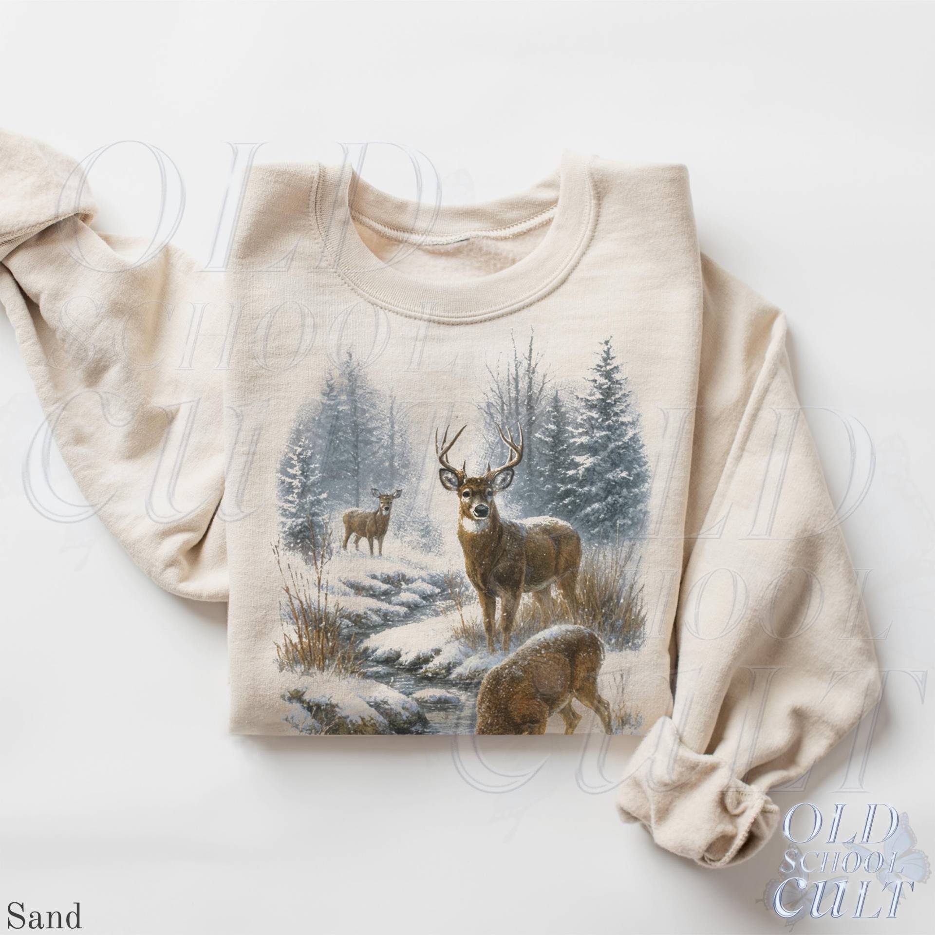 Retro Deer Winter-Sweatshirt, 90Er Jahre Vintage Mountain Pine Trees Dekoriertes Cabins-Outfit, Boho Unisex Rundhalsausschnitt, Gemütlicher Saison von OldSchoolCulture