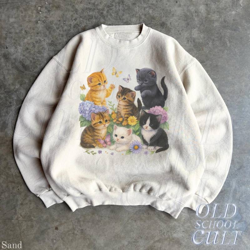 Retro Kätzchen Sweatshirt, 90Er Jahre Vintage Süße Katzen Pullover, Boho Unisex Blumen Katze Schmetterling Grafik Rundhalsausschnitt, Animal Top von OldSchoolCulture