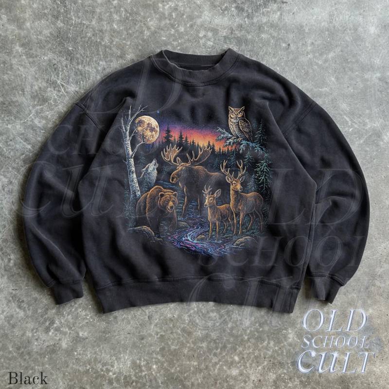 Retro Waldtiere Sweatshirt, Vintage 90Er Jahre Pullover, Wolf Elch Hirsch Eule Mond Rundhalsausschnitt, Nature Cabin Unisex Pullover Für Erwachsene von OldSchoolCulture