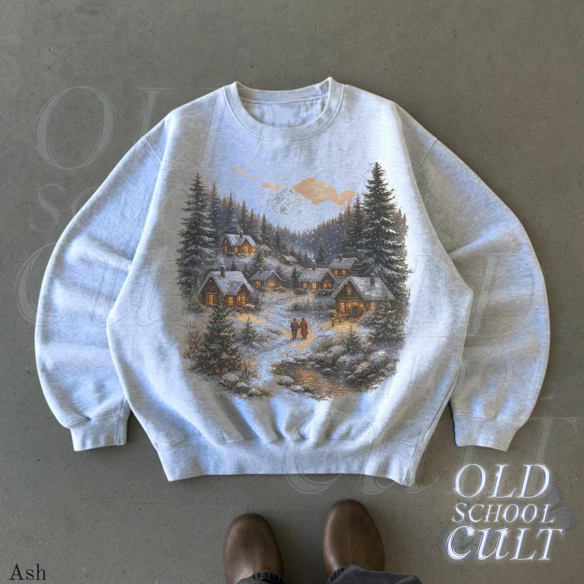Retro Weihnachten Winter Dorf Sweatshirt, 90Er Jahre Vintage Mountain Pine Trees Dekorierte Cabins Outfit, Boho Unisex Rundhals Sweatshirt von OldSchoolCulture