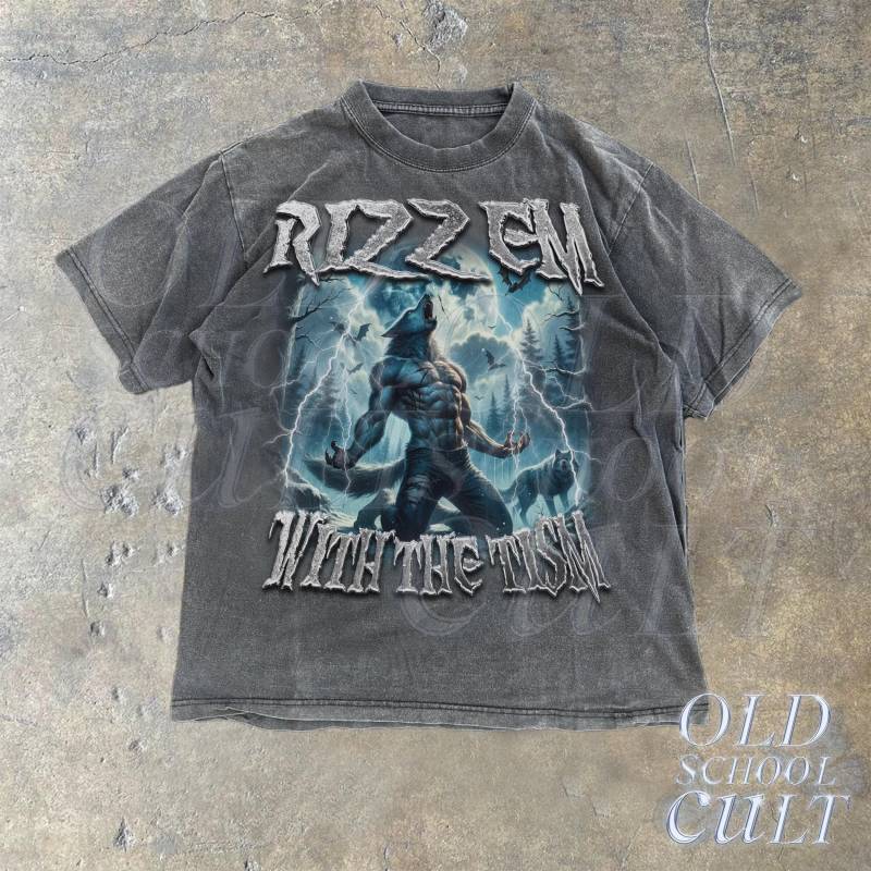 Rizz Em Mit Dem Tism Werwolf Vintage Grafik-Shirt, Retro Emo Wolf Autismus-Bewusstsein, Dummes Meme Omega Alpha Shirt von OldSchoolCulture