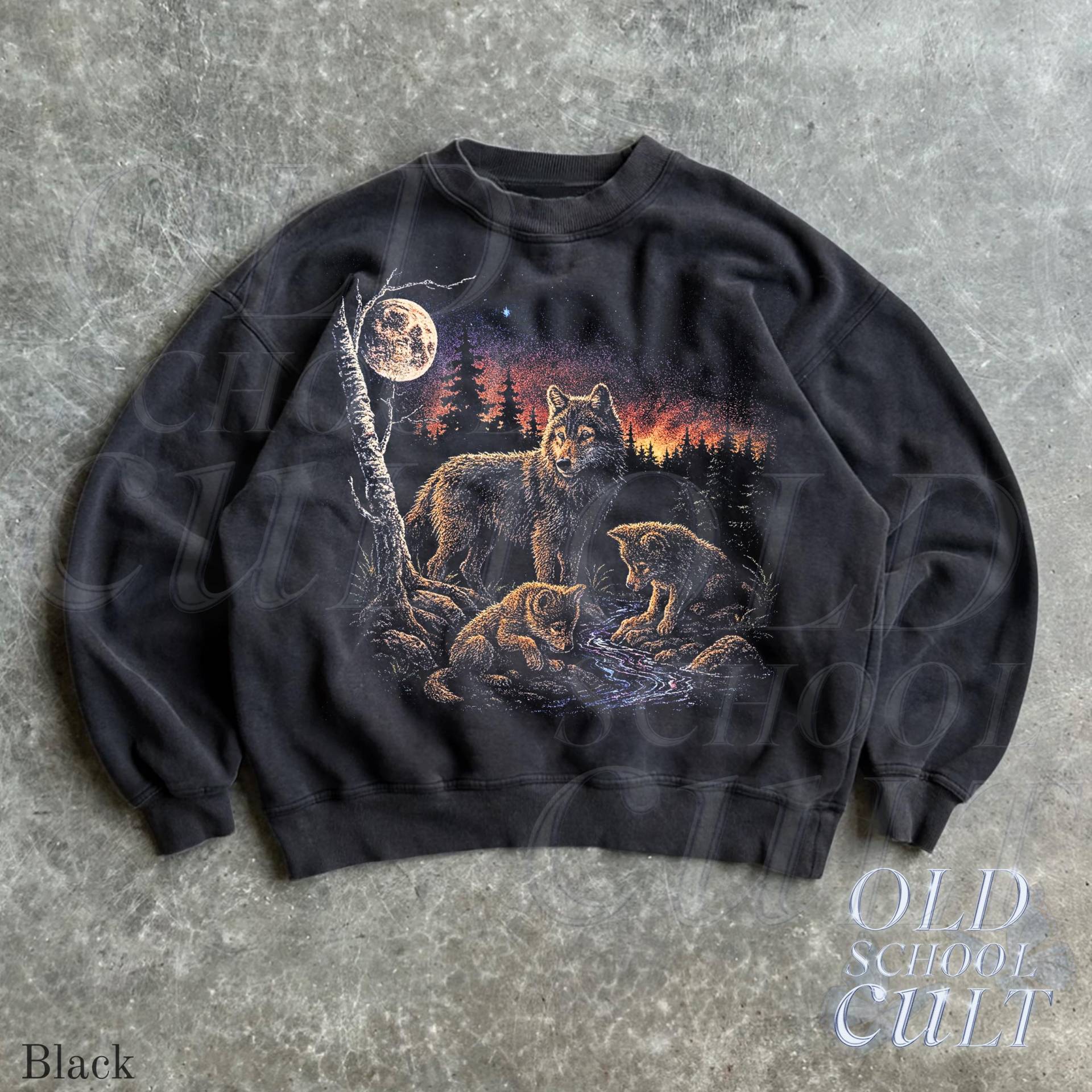 Wolf Familie Vintage 90Er Jahre Sweatshirt, Retro Wildlife Rundhalsausschnitt, Nostalgie Natur Pullover, Gemütliches Schwarzes Top, Rustikales von OldSchoolCulture