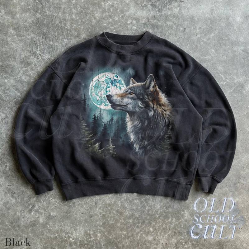 Wolf Retro Sweatshirt, Vintage 90Er Jahre Wölfe Mond Rundhals, Nature Wildlife Pullover, Unisex Pullover von OldSchoolCulture