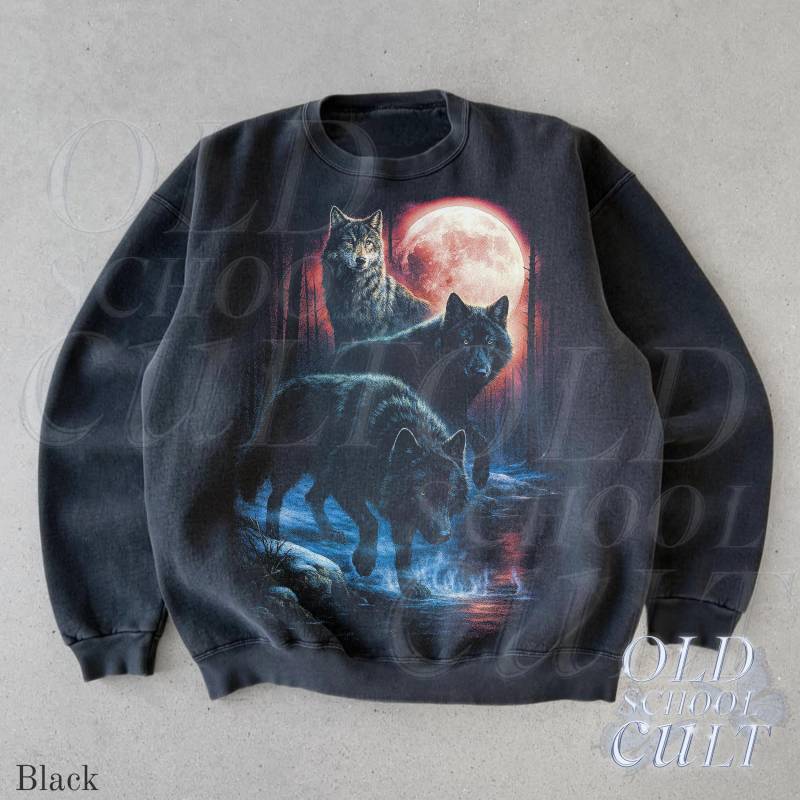 Wolf Vintage 90Er Jahre Stil Sweatshirt, Vollmond Rundhals | Retro Wildtier Pullover Unisex Schwarz Drei Wölfe Grafik von OldSchoolCulture