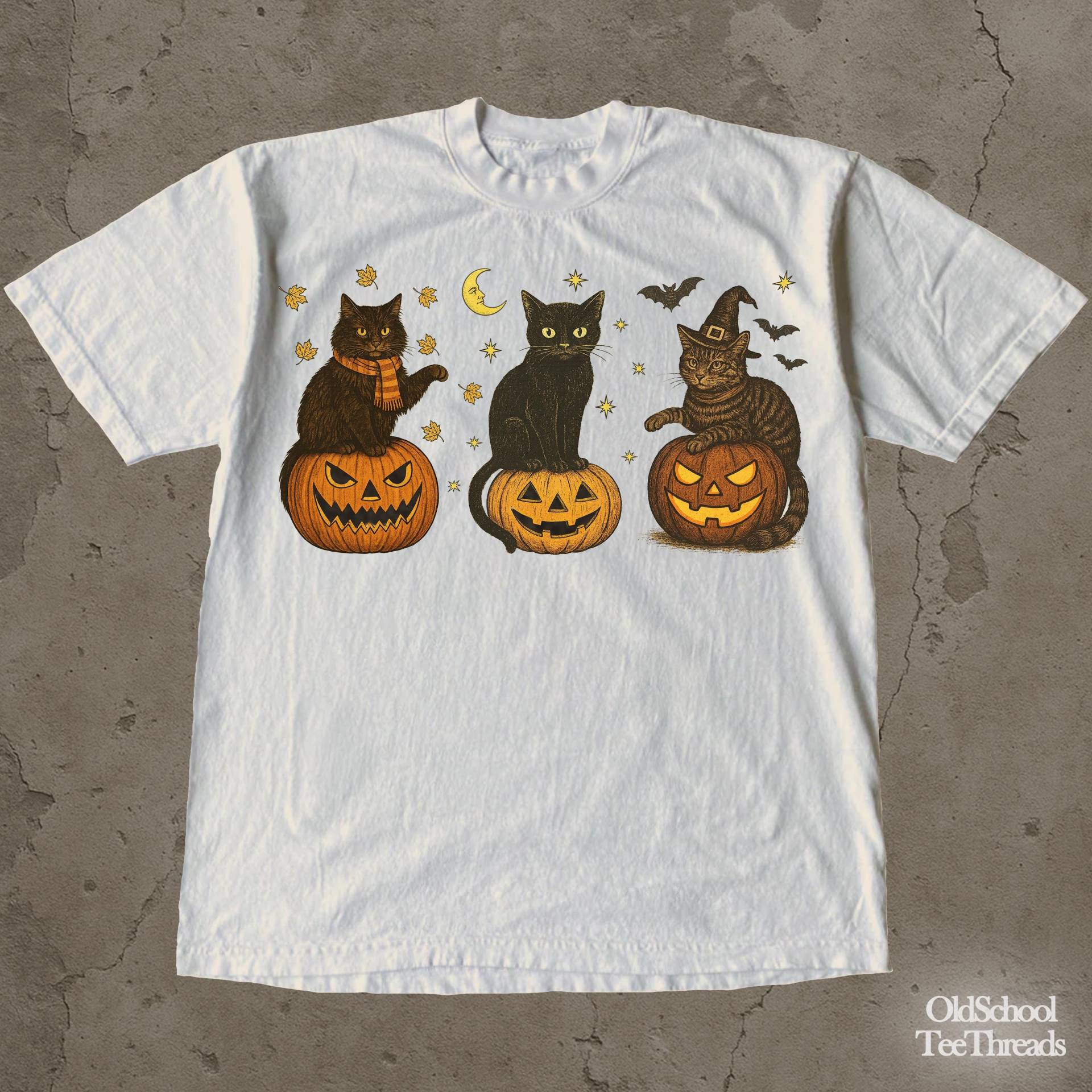 Gruseliges Katzen-Halloween-Grafik-T-Shirt, Herbst-Kätzchen-Kürbis-Shirt, Herbst-Saison-Tierbaumwoll-T-Shirt Gruseliges Katzen-Halloween-Grafik-T-Shirt, Herbst-Kätzchen-Kürbis-Shirt, Herbst-Saison-Tierbaumwoll-T-Shirt von OldSchoolTeeThreads