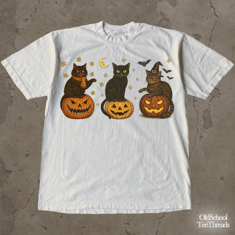 Gruseliges Katzen-Halloween-Grafik-T-Shirt, Herbst-Kätzchen-Kürbis-Shirt, Herbst-Saison-Tierbaumwoll-T-Shirt von OldSchoolTeeThreads