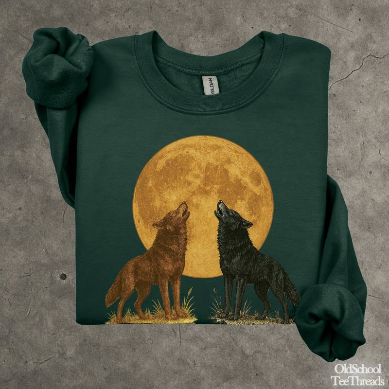 Zwei Wolf Mond Vintage Sweatshirt, Howling Wolfs Grafik Pullover, Tier Natur Baumwoll Hoodie von OldSchoolTeeThreads