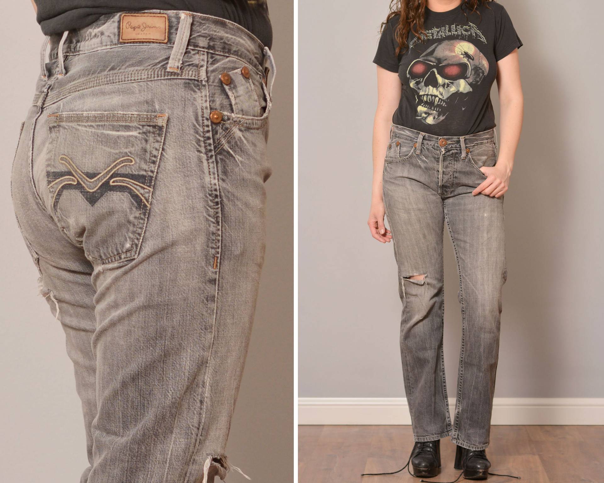 Größe M W31L32 | Graue Waschung Distressed Boyfriend Pepe Jeans Ausgefranste Mit Löchern Abgenutztes Gerades Bein Unisex Grunge Style Torn Mens von OldTimeQueen