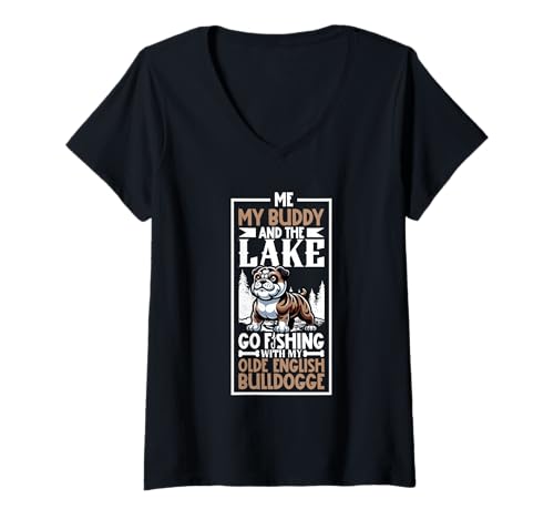 Damen Angeln und Olde English Bulldogge T-Shirt mit V-Ausschnitt von Olde English Bulldogge Designs