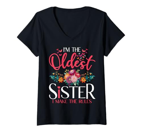 Damen Älteste Schwester I Make The Rules Floral Butterfly T-Shirt mit V-Ausschnitt Damen Älteste Schwester I Make The Rules Floral Butterfly T-Shirt mit V-Ausschnitt von Oldest Middle Youngest Sister Squad Apparel.