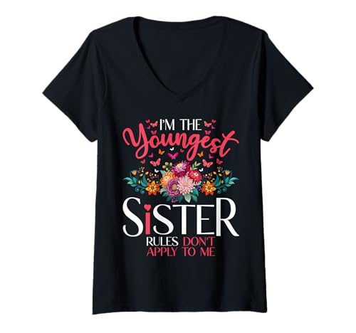 Damen Jüngste Schwester Geschwister, passender Blumenschmetterling T-Shirt mit V-Ausschnitt Damen Jüngste Schwester Geschwister, passender Blumenschmetterling T-Shirt mit V-Ausschnitt von Oldest Middle Youngest Sister Squad Apparel.