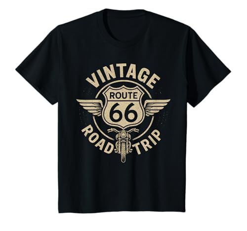 Kinder Retro Motorrad Reise Abenteuer Vintage Route 66 T-Shirt von Oldtimer Geschenk Idee Biker Roadtrip Sommer