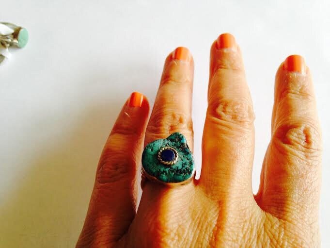 Großer Vintage Türkis Silber Ring Mit Inlay Stein, Abstrakter Stein Lapis Lazuli Großer Vintage Türkis Silber Ring Mit Inlay Stein, Abstrakter Stein Lapis Lazuli von Oldylocks