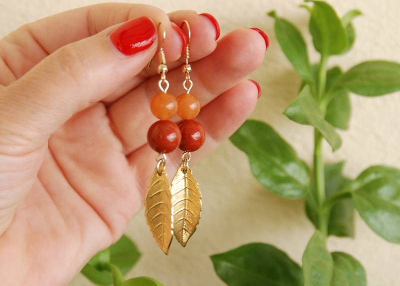 Gold Blatt Baumeln Ohrringe Herbst Aventurin & Roter Jaspis Perlen Sakral Chakra Stein/Heilstein Schmuck Geschenk Gold Blatt Baumeln Ohrringe Herbst Aventurin & Roter Jaspis Perlen Sakral Chakra Stein/Heilstein Schmuck Geschenk von OleePrettyNecklace