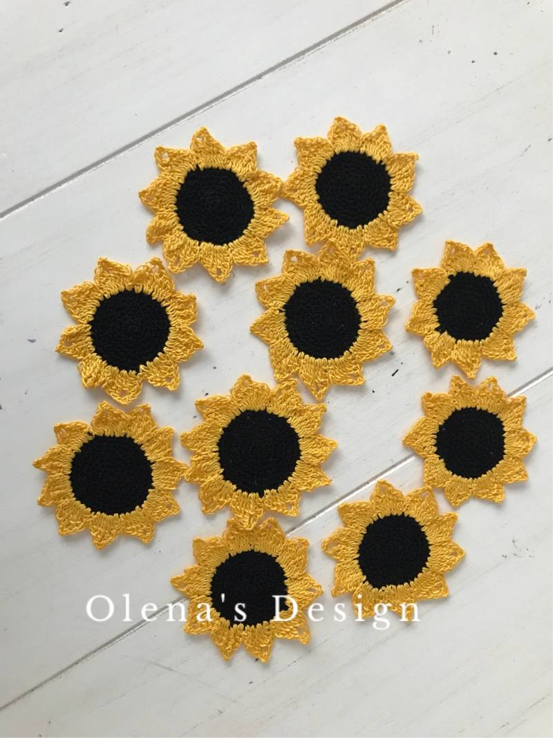 10Er Set Gehäkelte Sonnenblume Baumwollfaden Appliqué Blume Motiv Gelb Häkeln Frauen Accessoire Hut Basteln Angebot von OlenasDesign