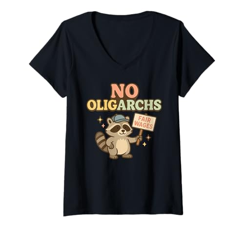 Damen No Oligarchs Fair Wages Waschbär T-Shirt mit V-Ausschnitt Damen No Oligarchs Fair Wages Waschbär T-Shirt mit V-Ausschnitt von Oligarchs No More Design Co.