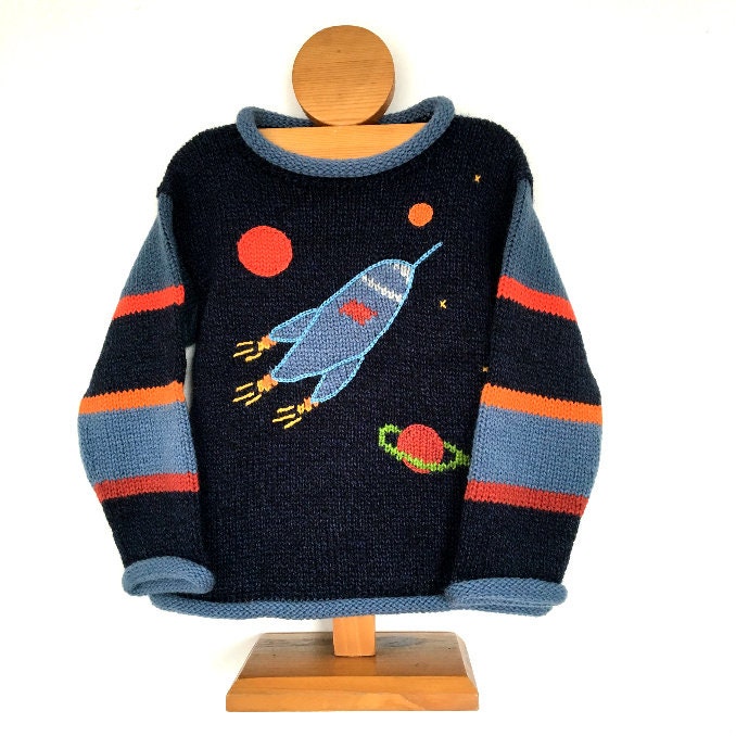 Rakete Strickpullover, Kinder Pullover, Alpaka Wolle Junge Kinderpullover, Mondpullover, Blauer Jungenpullover, Kleinkindpullover von OliluDesigns