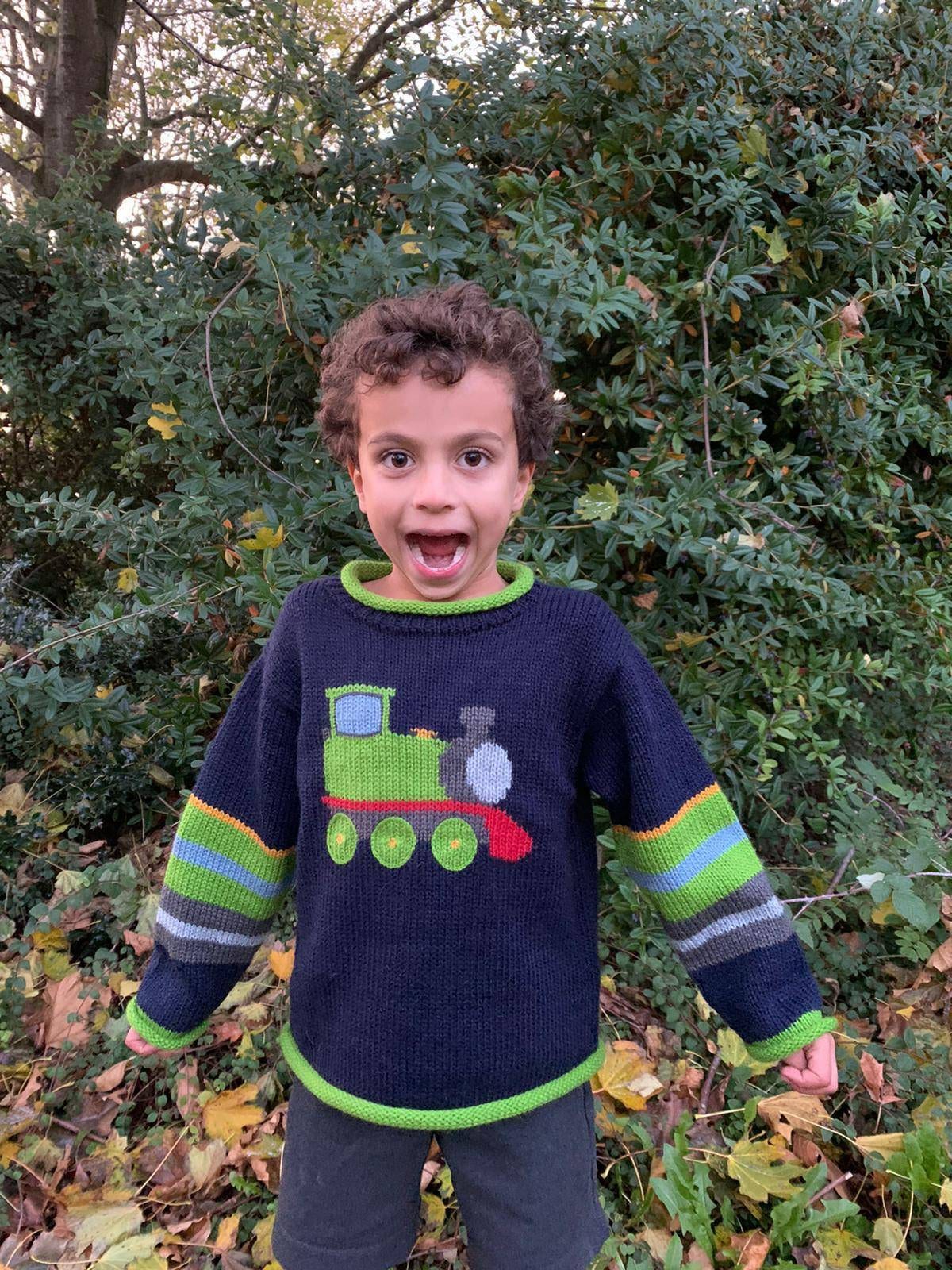 Zug Design Alpaka Strickpullover, Kinder Pullover, Wolle Jungen Unisex Weihnachtszug Pullover von OliluDesigns