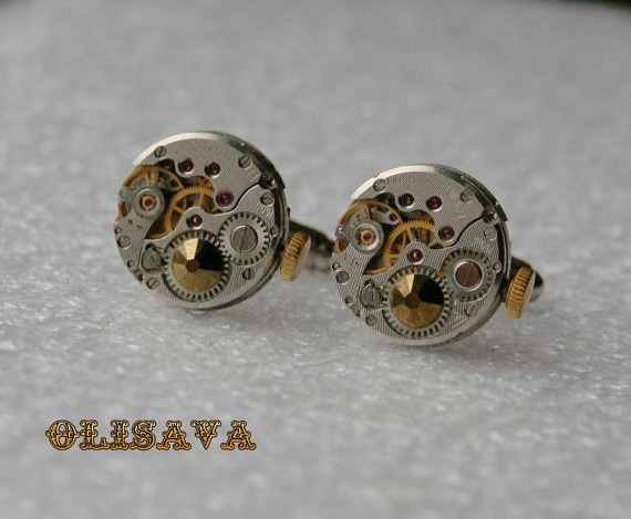 Ausverkauf... Uhrwerk Manschettenknöpfe - Steampunk Mit Metallic Dorado Kristallen von Olisava