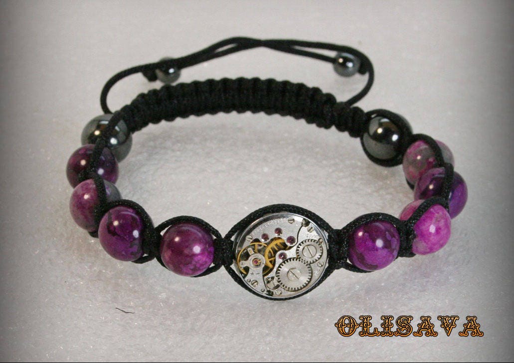 Damen Steampunk Armband Aus Lila Streifen Achat Perlen, Uhrwerk, Shamballa, Uhrwerk von Olisava