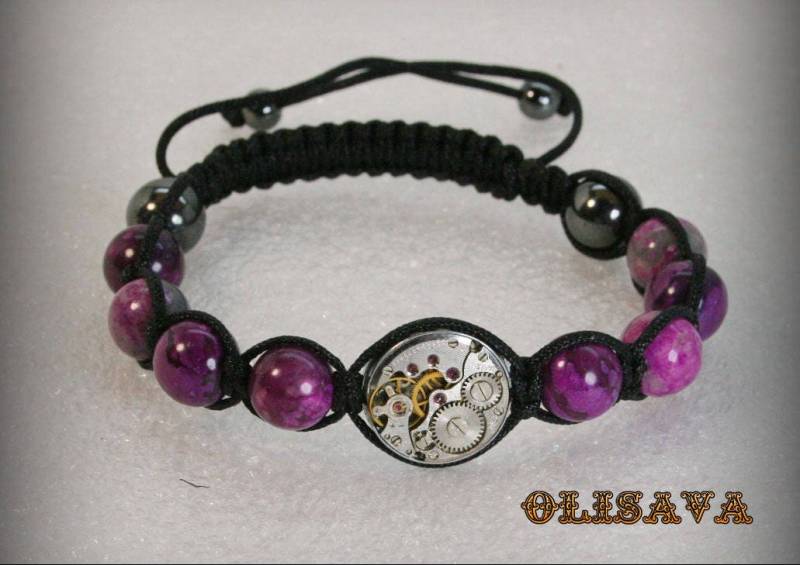 Damen Steampunk Armband Aus Lila Streifen Achat Perlen, Uhrwerk, Shamballa, Uhrwerk von Olisava