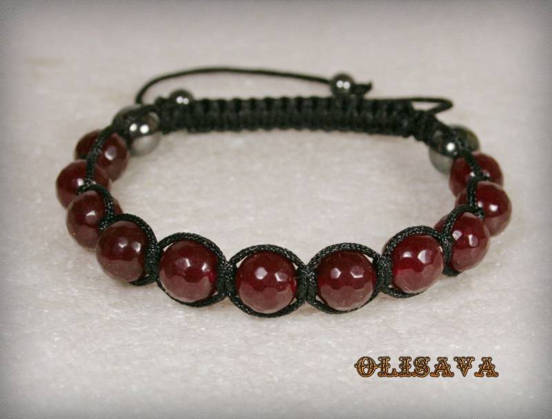Herren Facettierte Granat Rot Shamballa Armband, Edelstein Perlen von Olisava