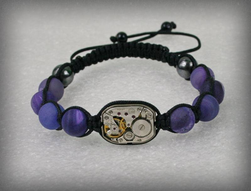 Herren Steampunk Armband Aus 10 Mm Lila Druzy Achat Perlen Und Altem Uhrwerk, Shamballa, Uhrwerk von Olisava