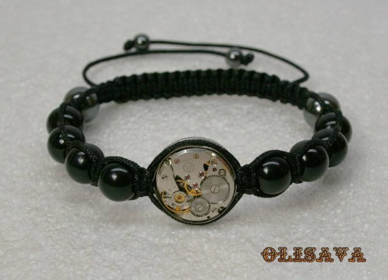 Herren Steampunk Schwarz Achat Onyx Perlen Armband, Vintage Uhrwerk von Olisava