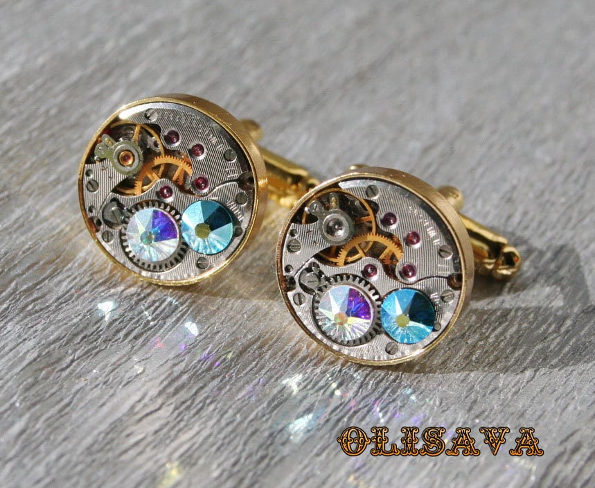 Uhrwerk Manschettenknöpfe, Steampunk Manschettenknöpfe Mit Kristallen Vintage - Gold von Olisava
