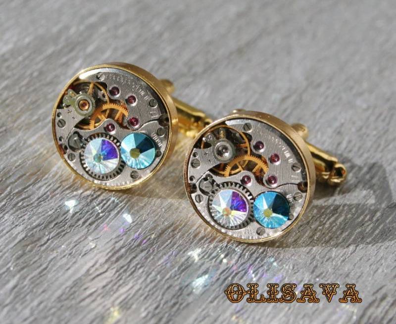 Uhrwerk Manschettenknöpfe, Steampunk Manschettenknöpfe Mit Kristallen Vintage - Gold von Olisava