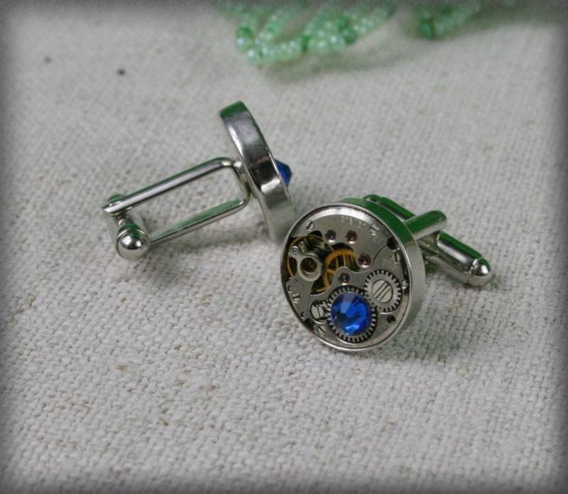 Uhrwerk Manschettenknöpfe , Steampunk Mit Capri Blau Kristall Vintage - Silber von Olisava