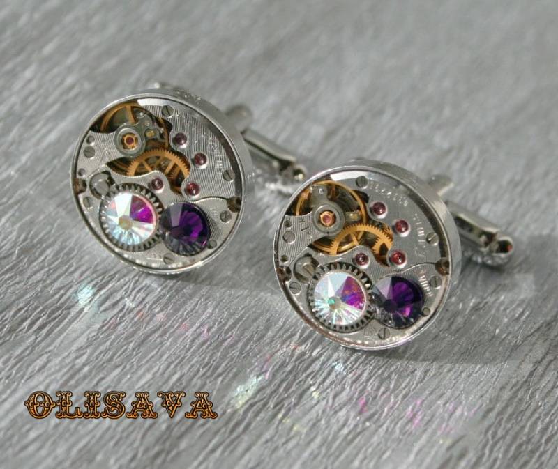 Uhrwerk Manschettenknöpfe , Steampunk Mit Kristallen Vintage - Silber von Olisava