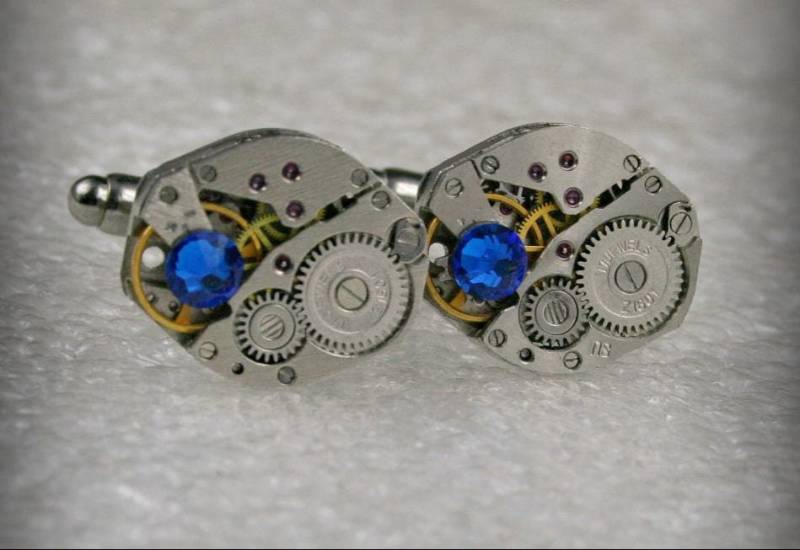 steampunk Manschettenknöpfe, Capri Blau Kristall, Uhrwerk Schmuck von Olisava