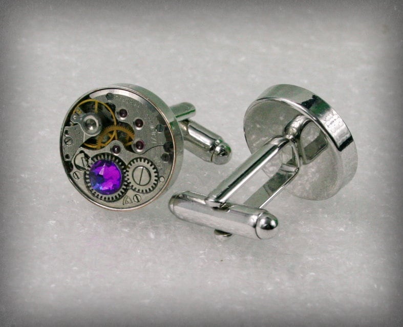Uhrwerk Steampunk Manschettenknöpfe, Manschettenknöpfe Mit Violetten Kristallen - Silber von Olisava