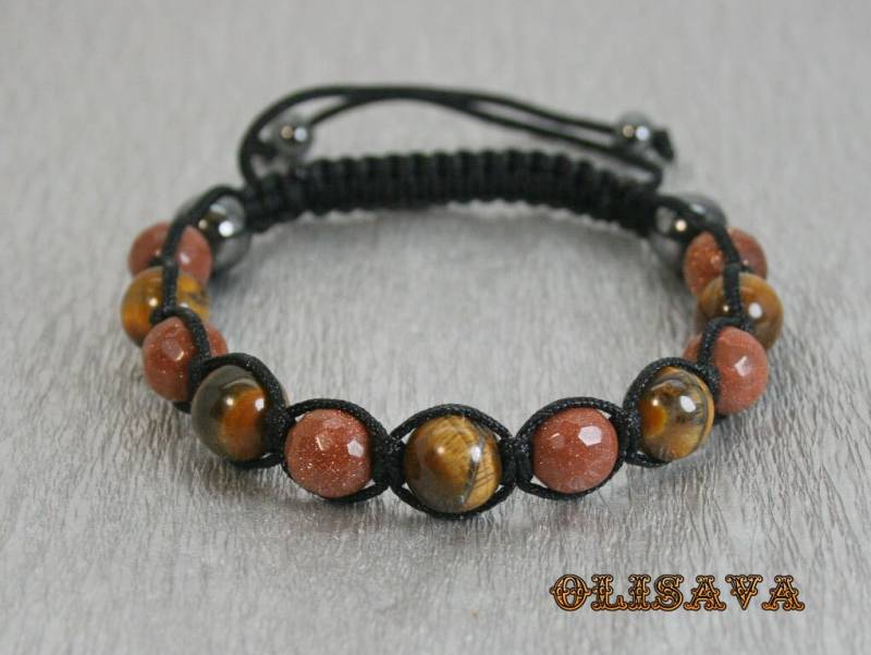 Herren Shamballa Armband, Galaxy Goldstone Und Tiger Augen Perlen von Olisava