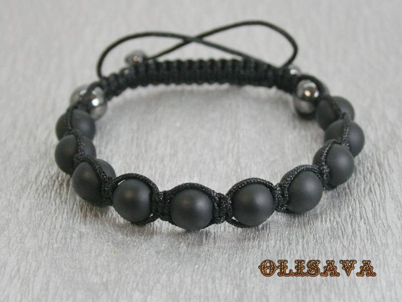 Herren Schwarz Achat Shamballa Armband, Geknotetes Onyx Perlenarmband von Olisava