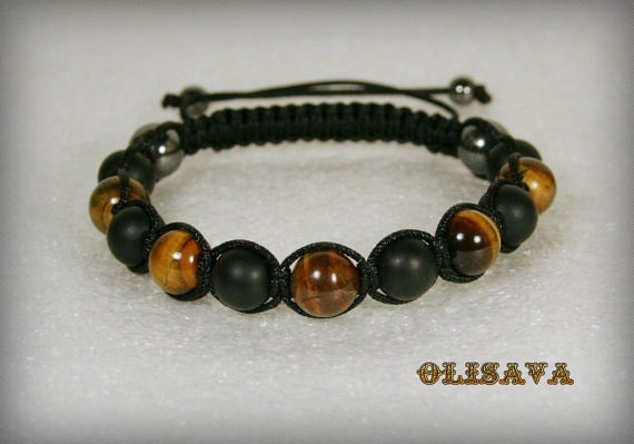 Handgefertigtes Matt Schwarzer Achat & Tigerauge Shamballa Armband, Herren Stein Armband von Olisava