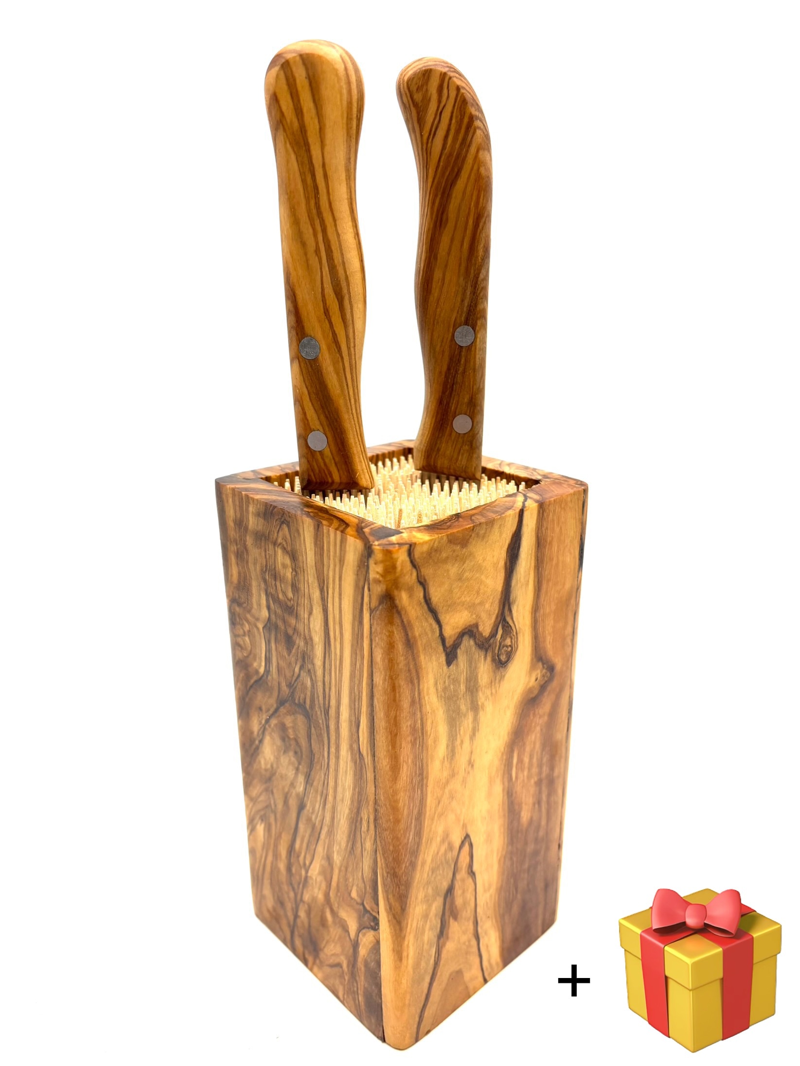 Olivenholz-erleben Messerblock "DESIGN eckig, aus Olivenholz" 1 Stk. Flexible Holzspieße für sichere und schonende Messeraufbewahrung von Olivenholz-Erleben
