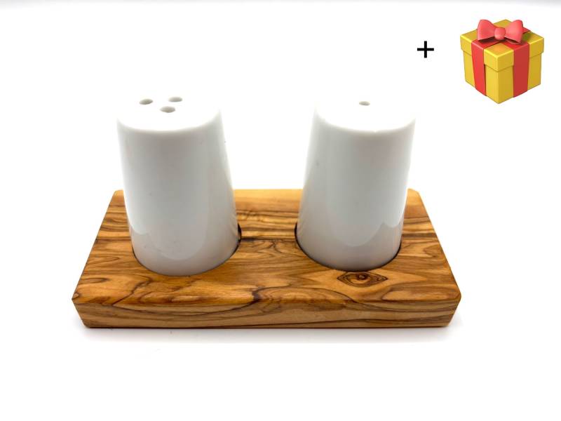 Olivenholz-erleben Salz- / Pfefferstreuer "Salz- & Pfefferstreuer ALBERT auf Olivenholz-Sockel" Kombination aus langlebiger Keramik und edlem Olivenholz von Olivenholz-Erleben