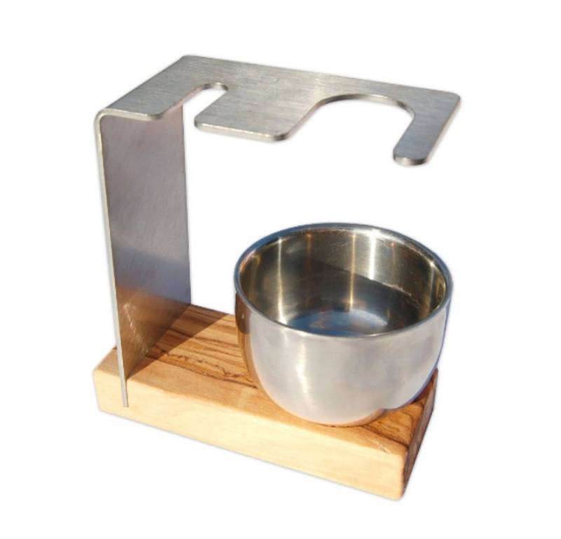 Olivenholz-erleben Rasierset-Ständer SYLT PLUS, Halter mit Edelstahltiegel glänzend auf Olivenholzsockel, 2-tlg., Stilvolle Aufbewahrung – Pinsel & Rasierer immer griffbereit von Olivenholz-erleben