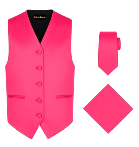Oliver George 3-teiliges formelles Herren-Smoking-Kleid, Weste, Krawatte, Taschentuch-Set für Anzug oder Smoking, fuchsia pink, Medium von Oliver George