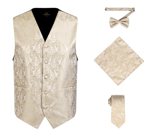 Oliver George Herren 4-teiliges Paisleymuster Weste Smoking Kleid Weste Krawatte Fliege Taschentuch Set für Anzug oder Smoking, Beige, XX-Large von Oliver George